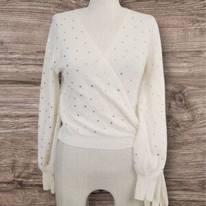 NEW Brodie Cashmere Wrap Sweater S Cream Gold Polka Dot‎ Side Tie Lightweight